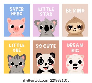 Animal kid card. Cute child greeting and invitation cards for birthday, baby party posters, motivational lettering. Childish print nursery decor. Bright background. Vector doodle characters