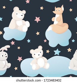 Animal kid characters baby textile design vector seamless pattern background. Good for print fills, wallpaper, textile, fabric, wrapping paper, decoupage