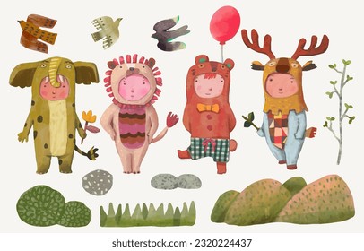 Animal kid. Children watercolor vector illustration.