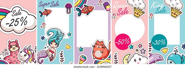 Animal Kid Kawai Blogger Baby Stories Template. Colorful Cute Creative Comic Design Collage with Funny Cat, Alpaca, Unicorn, Crown, Cloud, Star Mermaid and Sea Animal. Flat Cartoon Vector