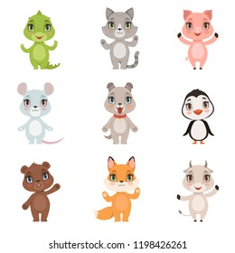 Animal kids collection. Wild crocodile bear penguin fox domestic little cute funny baby animals dog cat goat pig characters isolated. Animal zoo set, dog and alligator, pig and kitten illustration