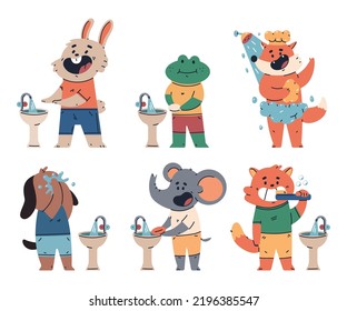 Animal kids hygiene, washing hand vector cartoon characters set isolated on a white background.