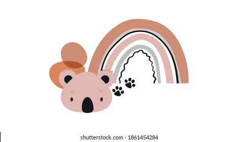 Animal for kids poster vector elements. Scandinavian abstract rainbow, koala illustration.
