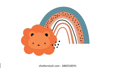 Animales para niños afichan elementos vectoriales. Arcoiris abstracto escandinavo, ilustración de león.