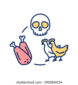 Animal killed for food RGB color icon. Chicken for food. Poultry meat. Dead hen. Vegan activism. Animal rights awareness. Stop violence against animals. Isolated vector illustration