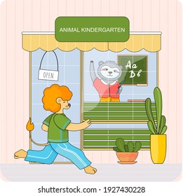 Animal kindergarten, cartoon wild baby animals attend classes and play games in nursery school. Funny cartoon animal student. Lion schoolboy in sports uniform is runing on physical education lesson