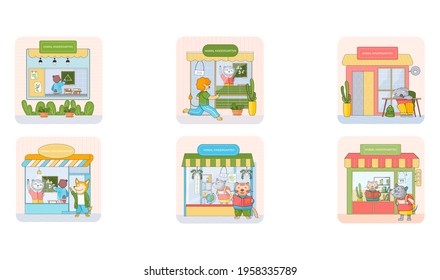 Animal kindergarten, cartoon wild baby animals attend classes and play games outside home scenes set
