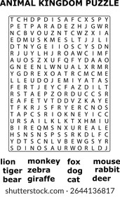 Animal Kingdom Puzzle And Word Search Grid Game Animals Lion Tiger Bear Monkey Zebra Giraffe Fox Dog Cat Mouse