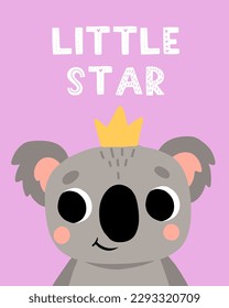 Tarjeta de chico de koala animal. Trato de bienvenida infantil y tarjetas de invitación para cumpleaños, afiches para fiestas de bebés, letras motivacionales. Decoración infantil de la guardería. Fondo brillante. Personajes del doodle vector