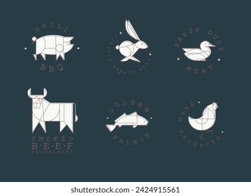 Animal labels in art deco linear style with lettering grill bbq, fresh meat, smoked beef restaurant, golden salmon, farm products drawing on blue background
