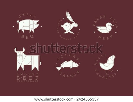 Animal labels in art deco linear style with lettering grill bbq, fresh meat, smoked beef restaurant, golden salmon, farm products drawing on red background
