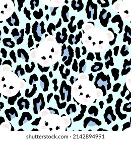 animal leopard blue print seamless pattern background with baby white polar bear head, abstract fashion, trendy design for fabric and textile, wrapping paper, girly modern safari cute wildlife design