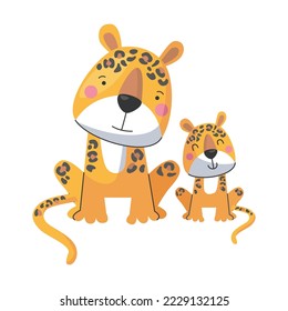 Animal leopard cheetah mom and baby, cute cartoon family. Vector illustration of animal happy parent and small child. Motherhood concept