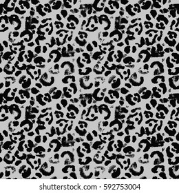 Animal leopard print, seamless hand drawn jaguar pattern. Vector black and gray illustration.