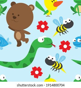 Animal life in children cartoon style seamless pattern, mammals, reptiles, amphibian, bird, insect, dan flowers, best for fabric design, background, or decoration with children themes