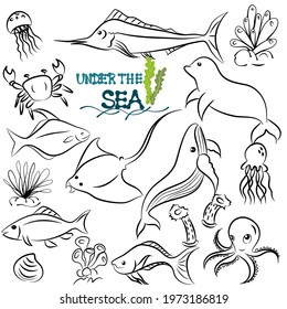 Animal life doodle set. Under the sea hand drawn icon illustration collection on white background.