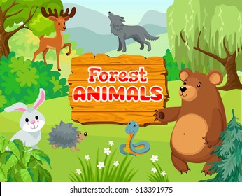 Animal life on forest. Horizontal cover for children books with title.