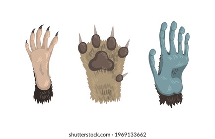 Animal Limb with Primate Clawed Paw and Dog Foot Vector Set