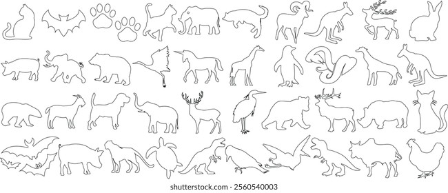 Animal line art featuring diverse wildlife, including dogs, cats, birds, bats, penguins, deer, foxes, kangaroos, bears, and wolves. Perfect for designs, crafts, and educational projects