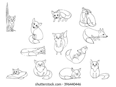 Animal Line art. Stylized. Decorative. Seth funny fox. Cartoon fox. Children's art. Black and white drawing by hand. Set playing foxes.