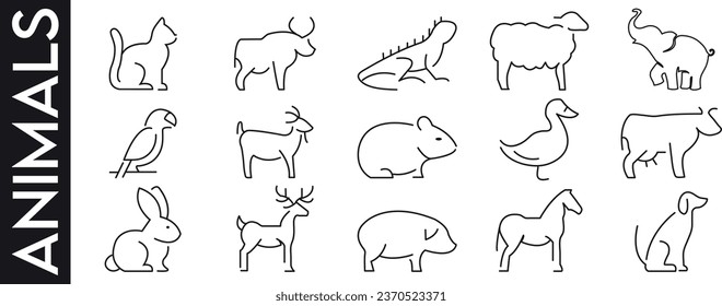 Arte de línea animal, Diseño de línea de vectores animales salvajes, animales lindos personajes de dibujos animados aislados en fondo blanco. Iconos de línea animal negra ilustraciones vectoriales en estilo plano. Colección de logotipos de animales