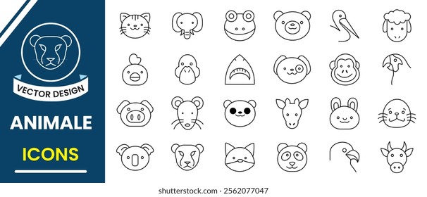 Animal line icons, vector set.  Set of wild and domestic animal line icon, vector, cartoon animal. Set of hand drawn animal face icons, silhouette. Vector illustration.