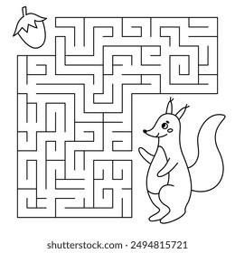 Animal line maze game for kids. Cute squirrel looking for a way to the hazelnut. Printable worksheet with solution for school and preschool. Vector cartoon illustration.