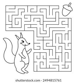 Animal line maze game for kids. Cute squirrel looking for a way to the acorn. Printable worksheet with solution for school and preschool. Vector cartoon illustration.