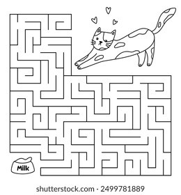 Animal line maze game for kids. Cute outline cat looking for a way to the bowl of milk. Printable worksheet with solution for school and preschool. Vector cartoon illustration.
