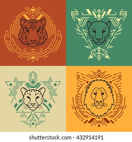 Animal linear head set in tribal frames.Vector colorful illustration in flat style