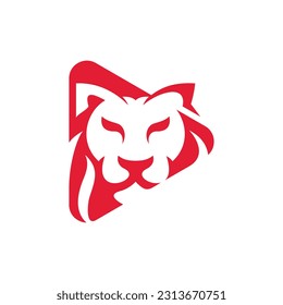 Animal Lion Beast With Play Icon Logo Design, Icon Concept Isolated Vector Design Template