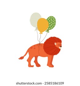 Animal lion  carries gift, balloons for birthday