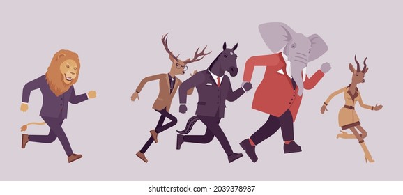 Animal lion chasing in anger elephant, deer, roe and horse. Pursue to catch, angry crying business male person of great power, office boss in aggressive follow after employees. Vector illustration