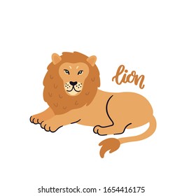 Animal lion isolated on white background. Beautiful animal print for home decor, card, mug, brochures, poster, t-shirts etc. Modern vector illustration.