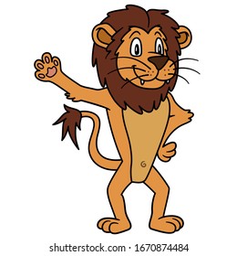 animal lion. Vector illustration. For pre school education, kindergarten and kids and children. For print and books, zoo topic. african big cat waving hand or paw and smiling happy face, friendly