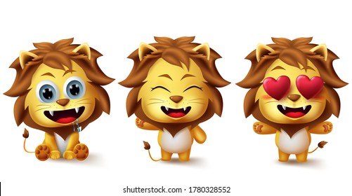 Animal lions character vector set. Animals lion kids characters in cute facial expressions like hungry, in love and happy in standing and sitting pose and gesture for jungle emoji collection design.