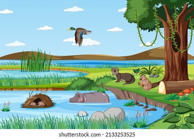 Animal living on nature wet scene illustration