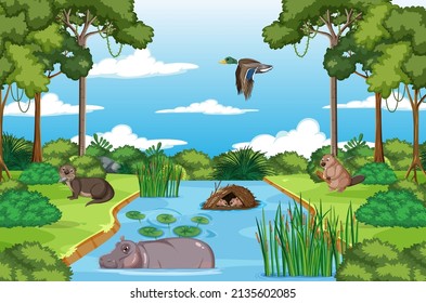 Animal living on nature wet scene illustration