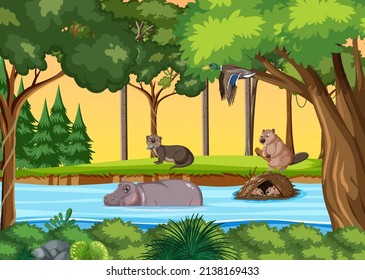 Animal living on nature wet scene illustration