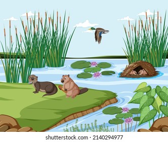 Animal living on nature wet scene illustration