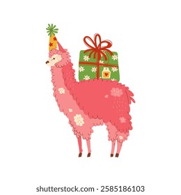 Animal llama in party cap carries gift,  for birthday