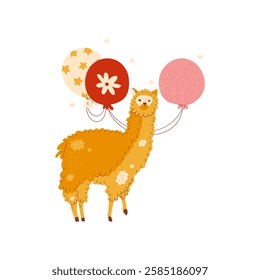 Animal llama in party  carries gift, balloons for birthday