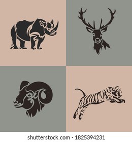 Animal logo collection. Deer, ram, tiger, rhino vector emblem. Set wild animals