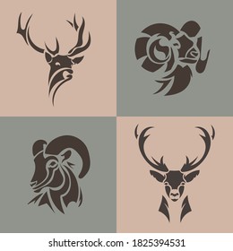 Animal logo collection. Deer, ram, goat vector emblem. Set wild animals