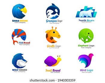 Animal logo collection eagle, killer whale, polar bear, fish, sheep, ram, giraffe, elephant, wolf, snail, spider, bird symbol.