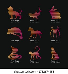 Animal logo collection, lion, shark, rabbit, chameleon, horse, spider, cobra, monkey, wolf, icon set