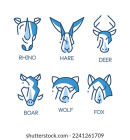 Animal Logo Design with Blue Lined Abstract Mammal Muzzle Vector Set