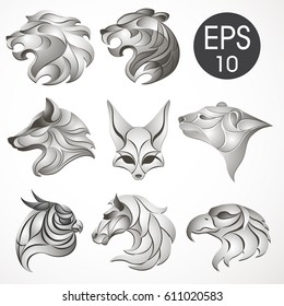 Animal logo design collection. Animal set. Lion, Horse, Eagle, Wolf, White bear, Husky, Fennec, Tiger. Vector stock collection of animal's logotypes for your design