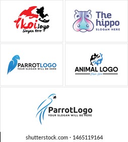 Animal logo design head hippopotamus parrot and fish vector suitable for symbol pet shop zoo veterinarian cultivation