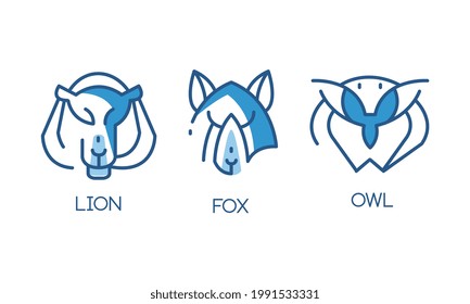 Animal Logo Design Set, Abstract Badges with Lion, Fox, Owl Heads Vector Illustration